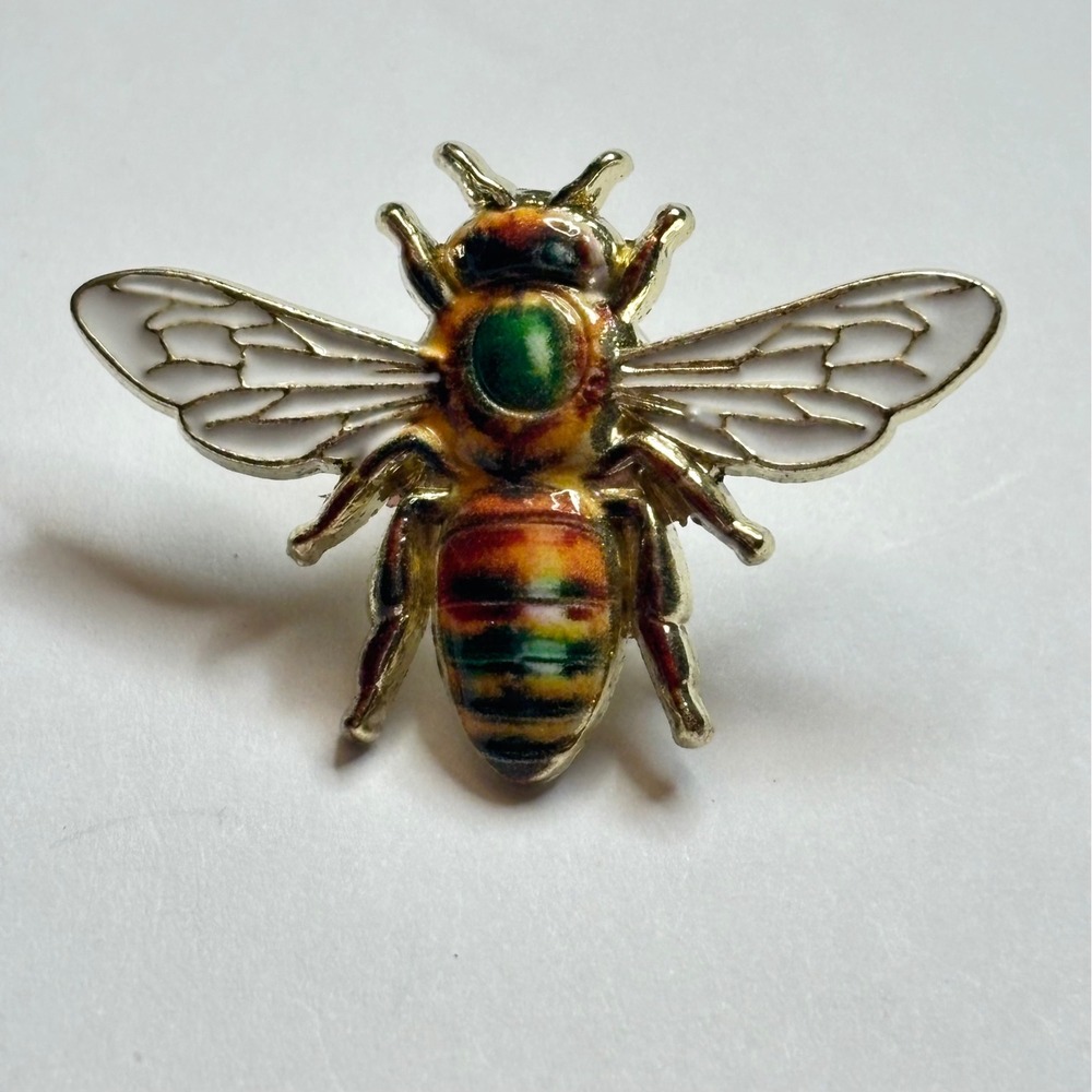 Bee Insect Bug Brooch Pin Multicolor Enamel White Wings Gold Tone 1.5"